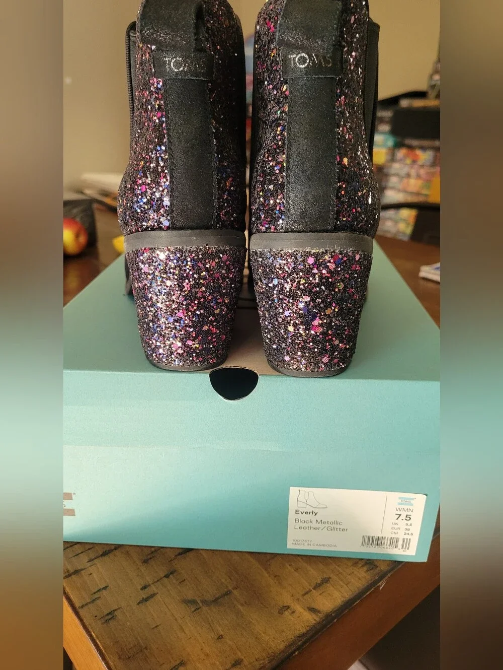 TOMS Black Ankle Boots with Purple Multi-Color Glitter Heel